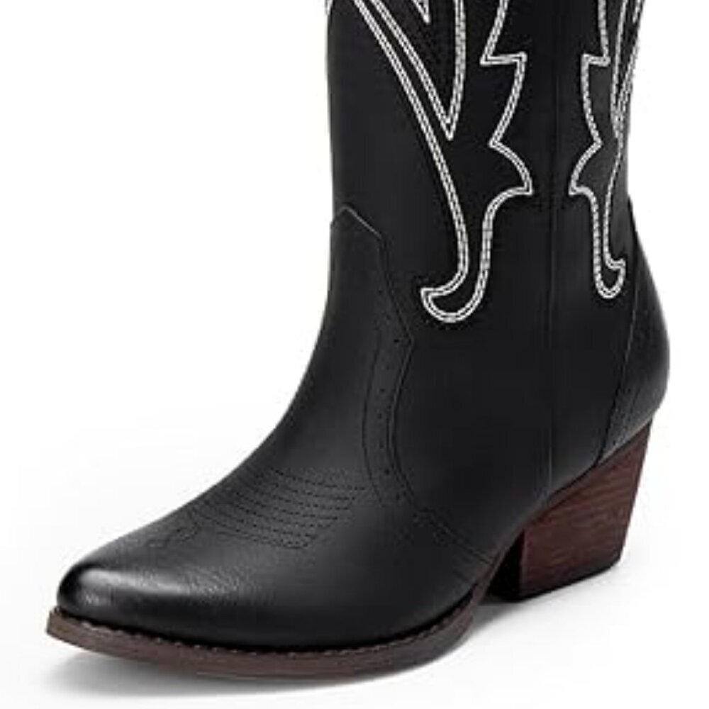 Women's Black Rubber Embroidered Cow Girl Knee High Comfortable Chunky Boots